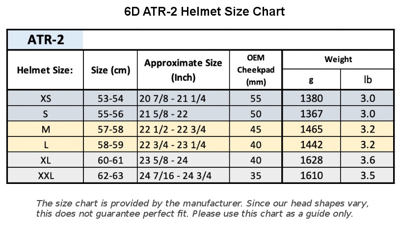 6d Helmet Size Chart