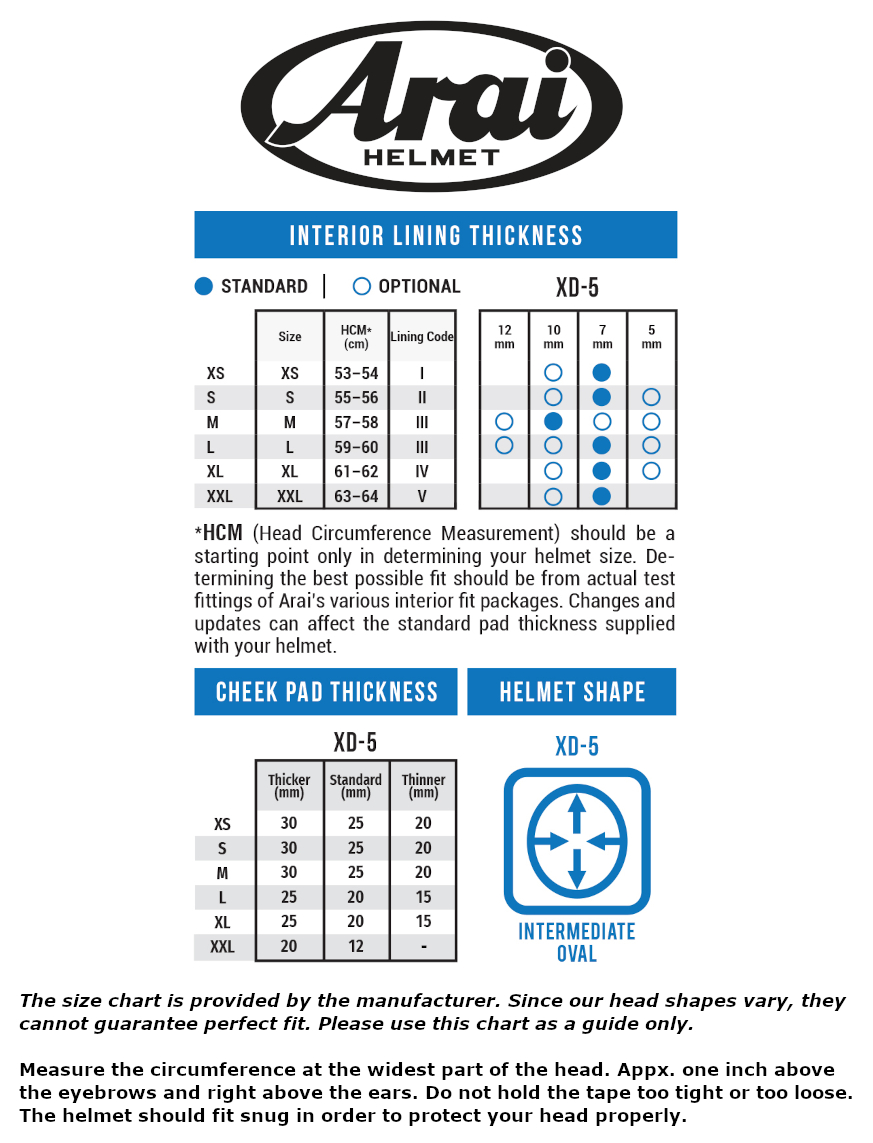 arai-xd-5-size-chart size chart