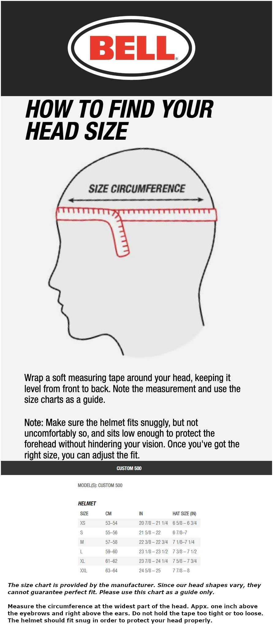 bell-custom-500-helmet-size-chart size chart