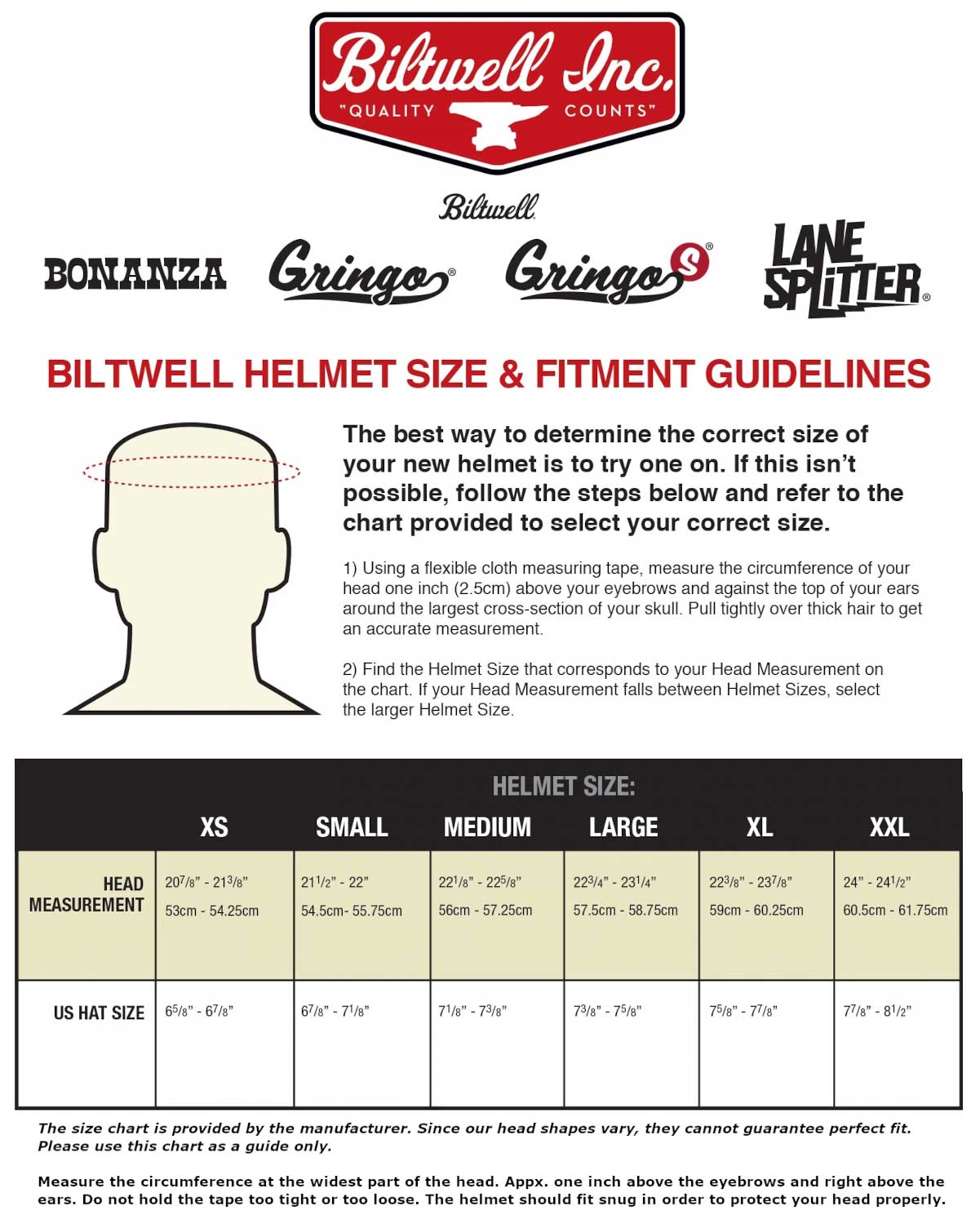 Biltwell size chart