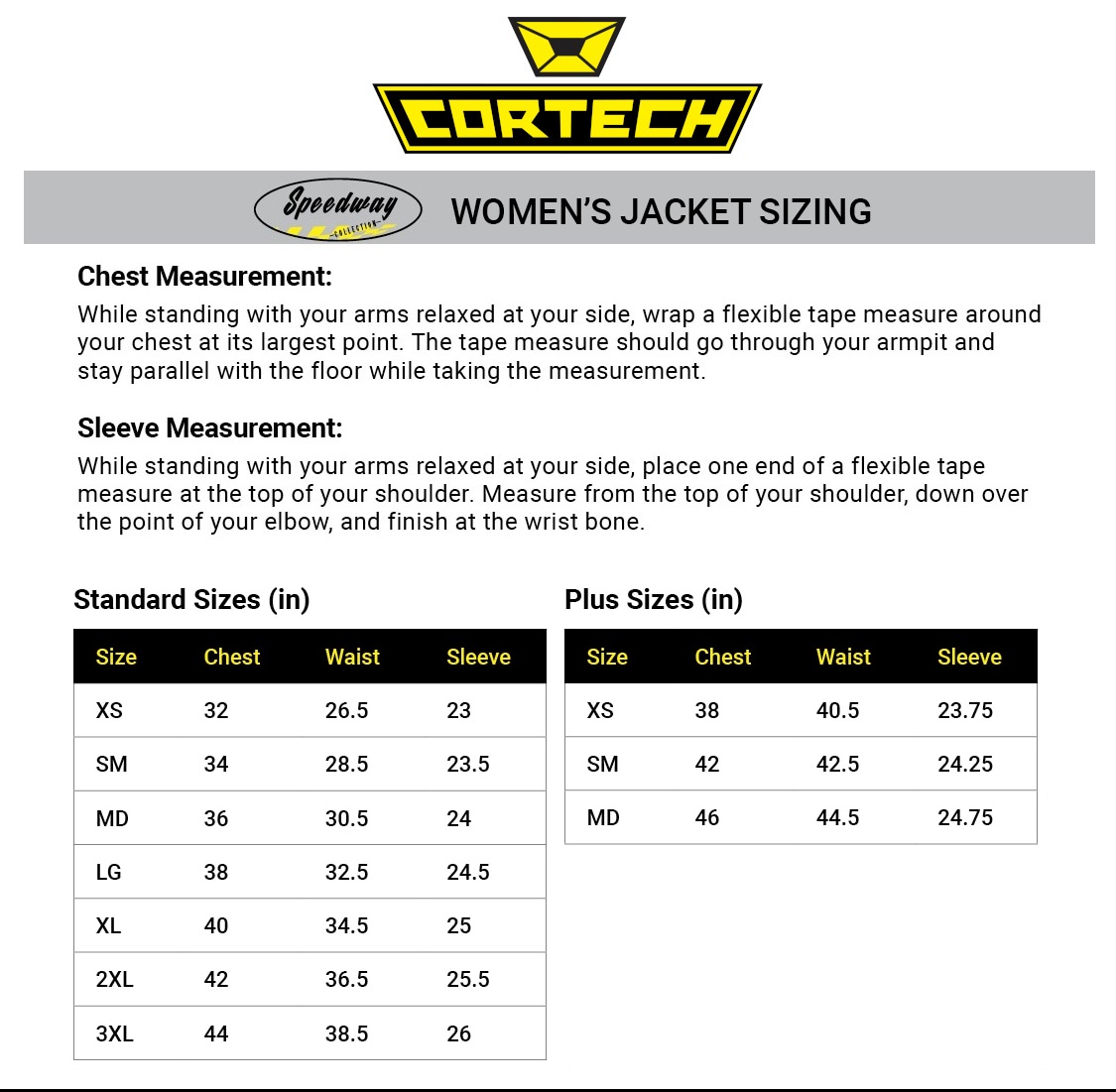 cortech-speedway-womens-jacket-size-chart size chart