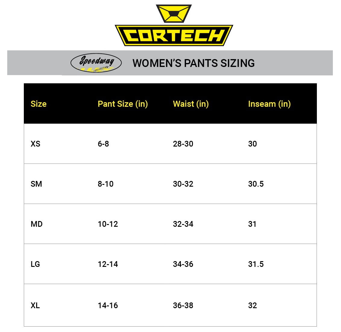 cortech-womens-pants-size-chart size chart