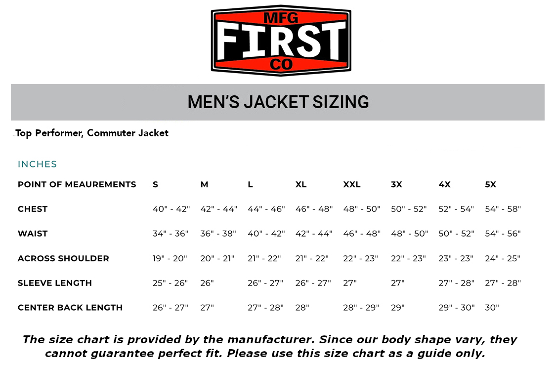 first-manufacturing-commuter-top-jacket-size-chart size chart