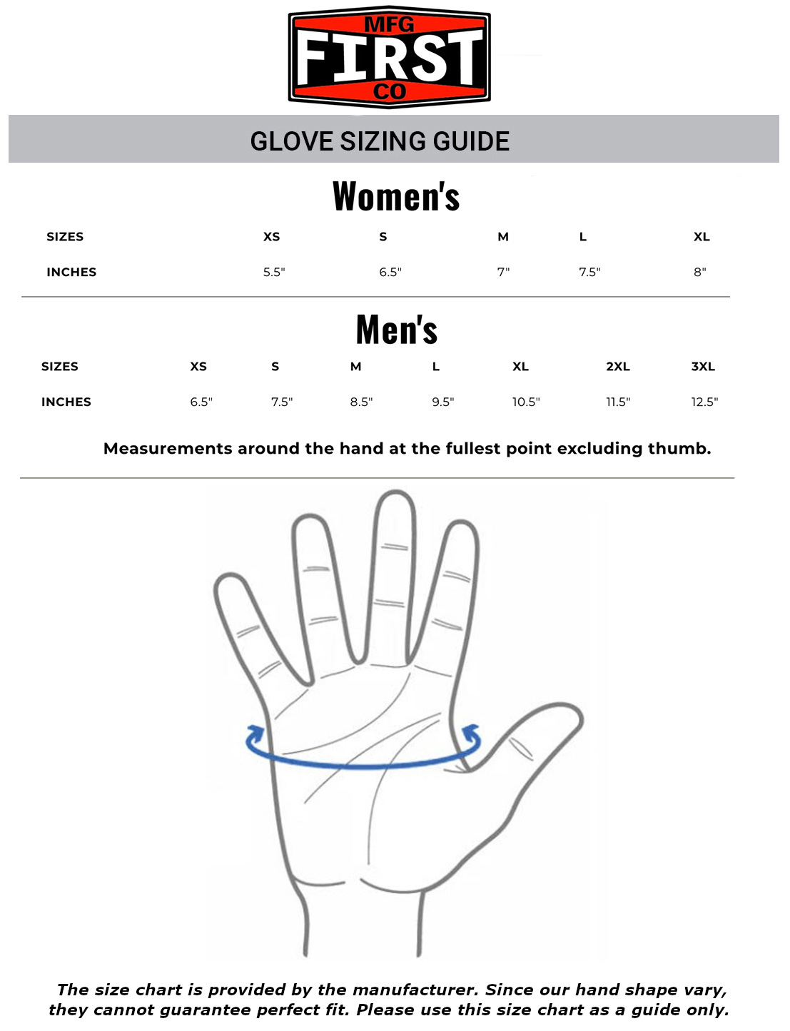 first-manufacturing-gloves-size-chart size chart