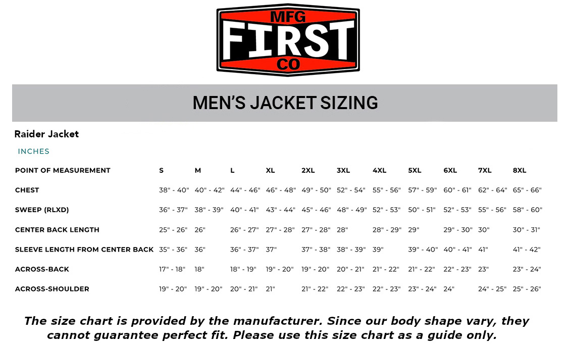 first-manufacturing-raider-jacket-size-chart size chart