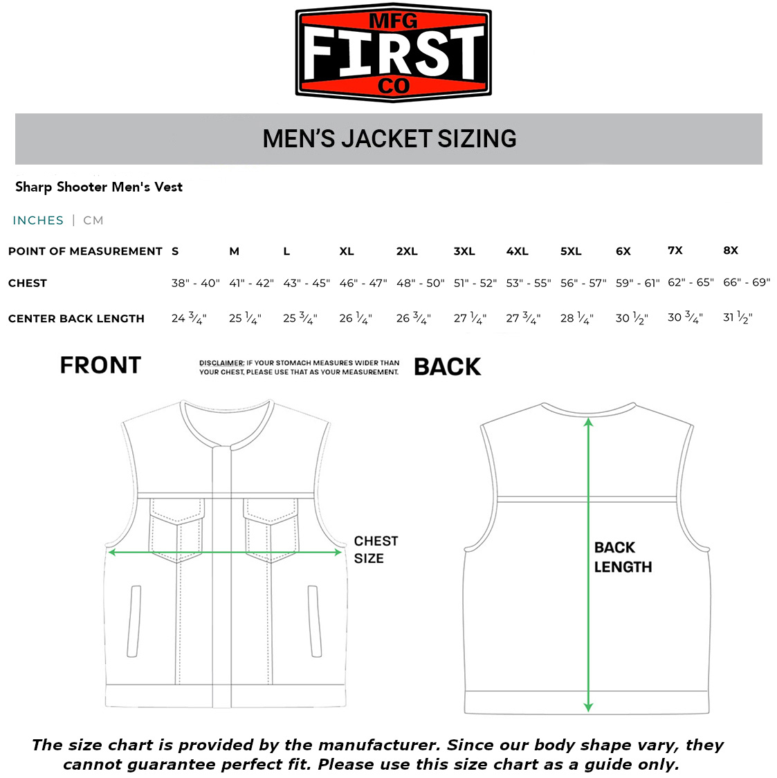 first-manufacturing-sharp-shooter-vest-size-chart size chart