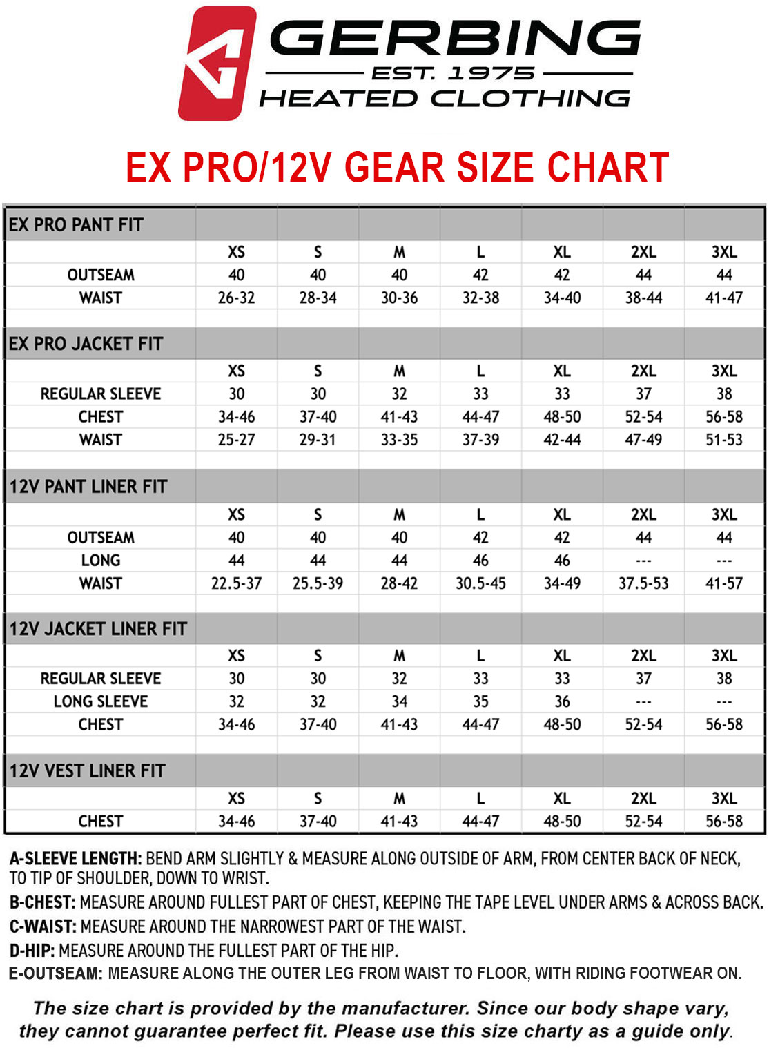 gerbing-ex-pro-12-v-size-chart size chart