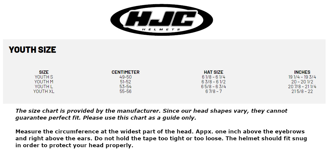 hjc-youth-size-chart size chart