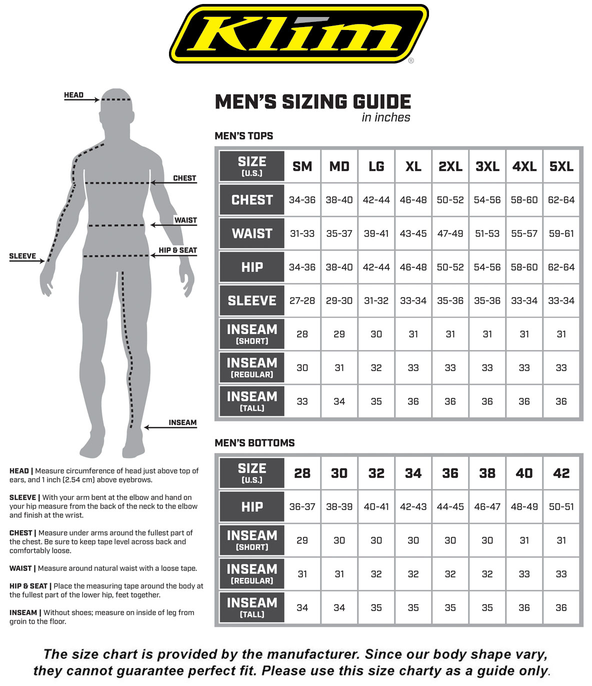 klim-mens-size-chart size chart