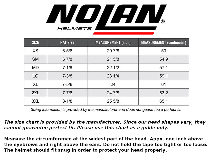Nolan size chart